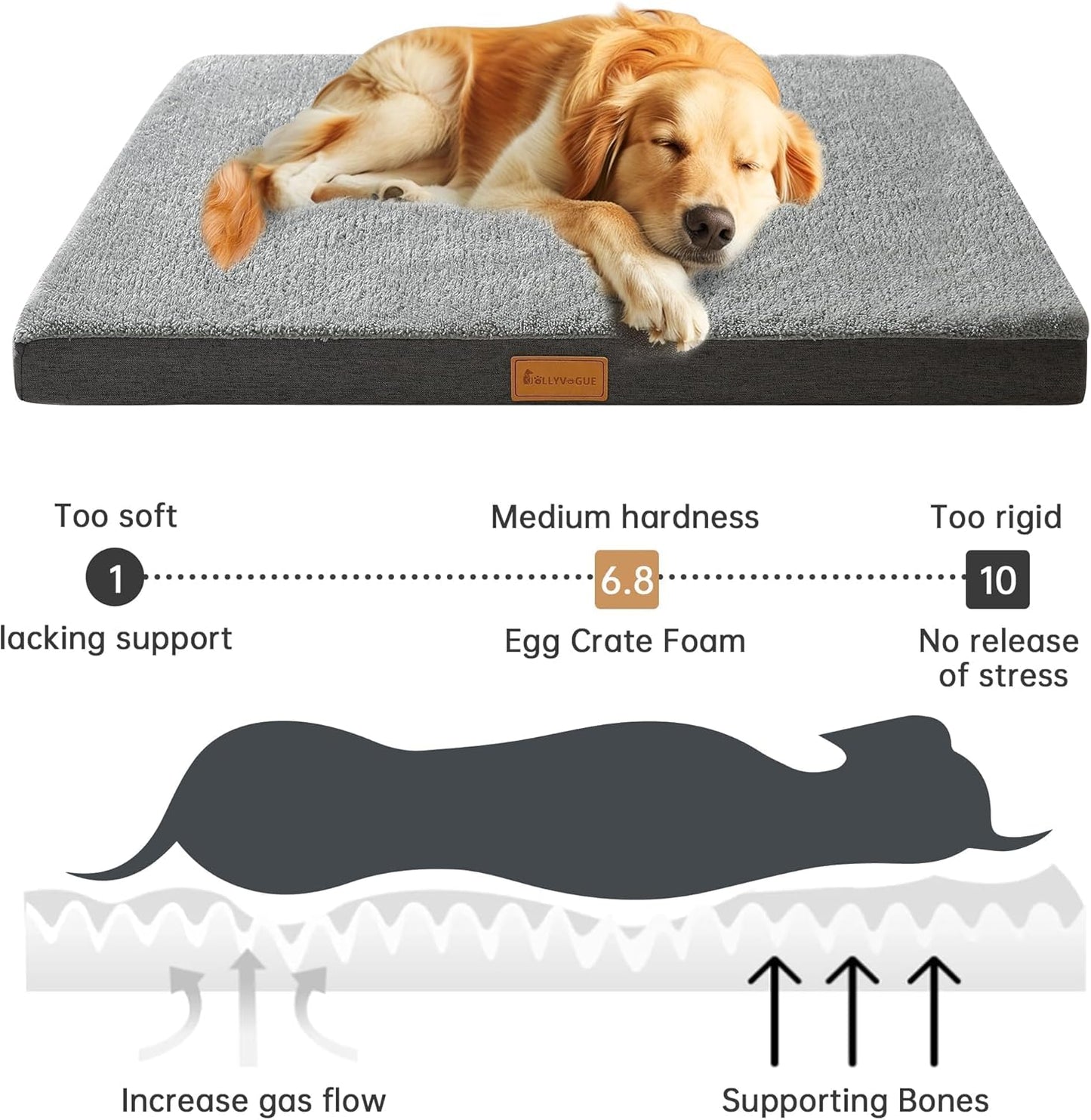 Dog Bed Large, Orthopedic Dog Bed Support Egg Crate Foam Dog Beds, Soft & Cozy Pet Bed Mat with Removable Washable Cover (Large, Dark Grey, up to 75 Lbs)